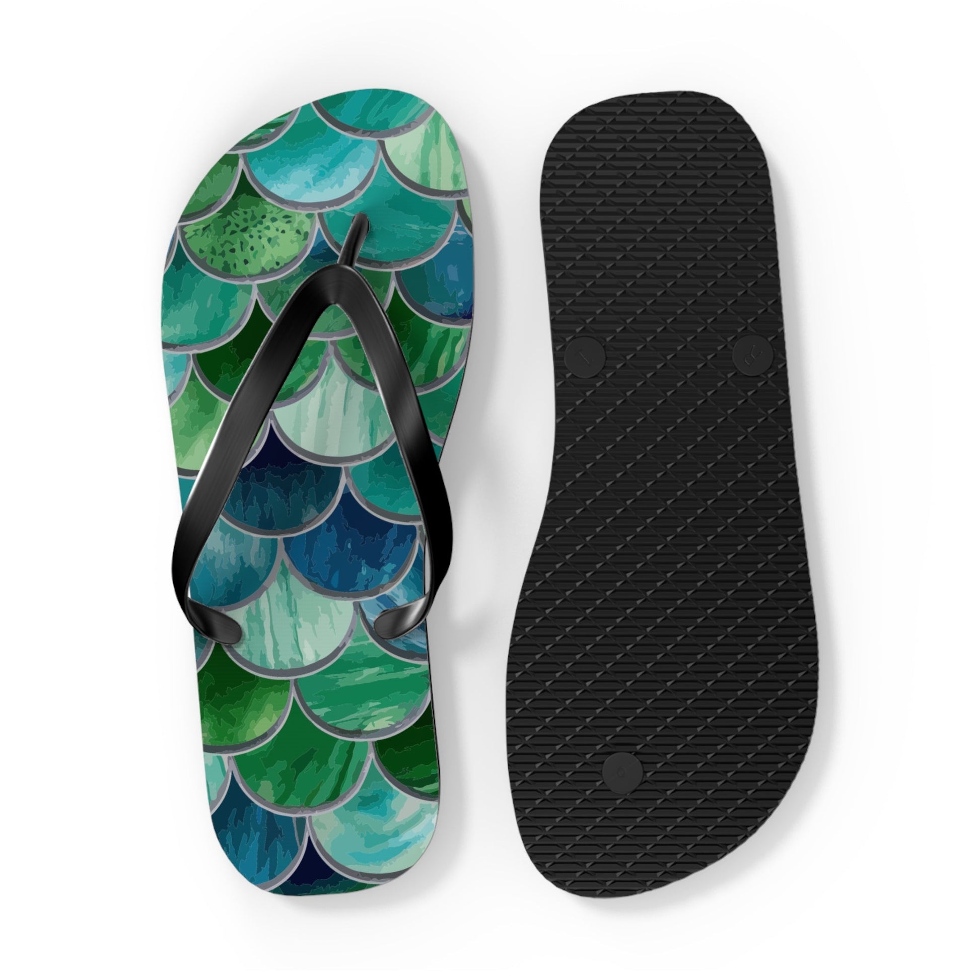 Mermaid-scale flip-flops: patterned strap and footbed with matching black textured outsole