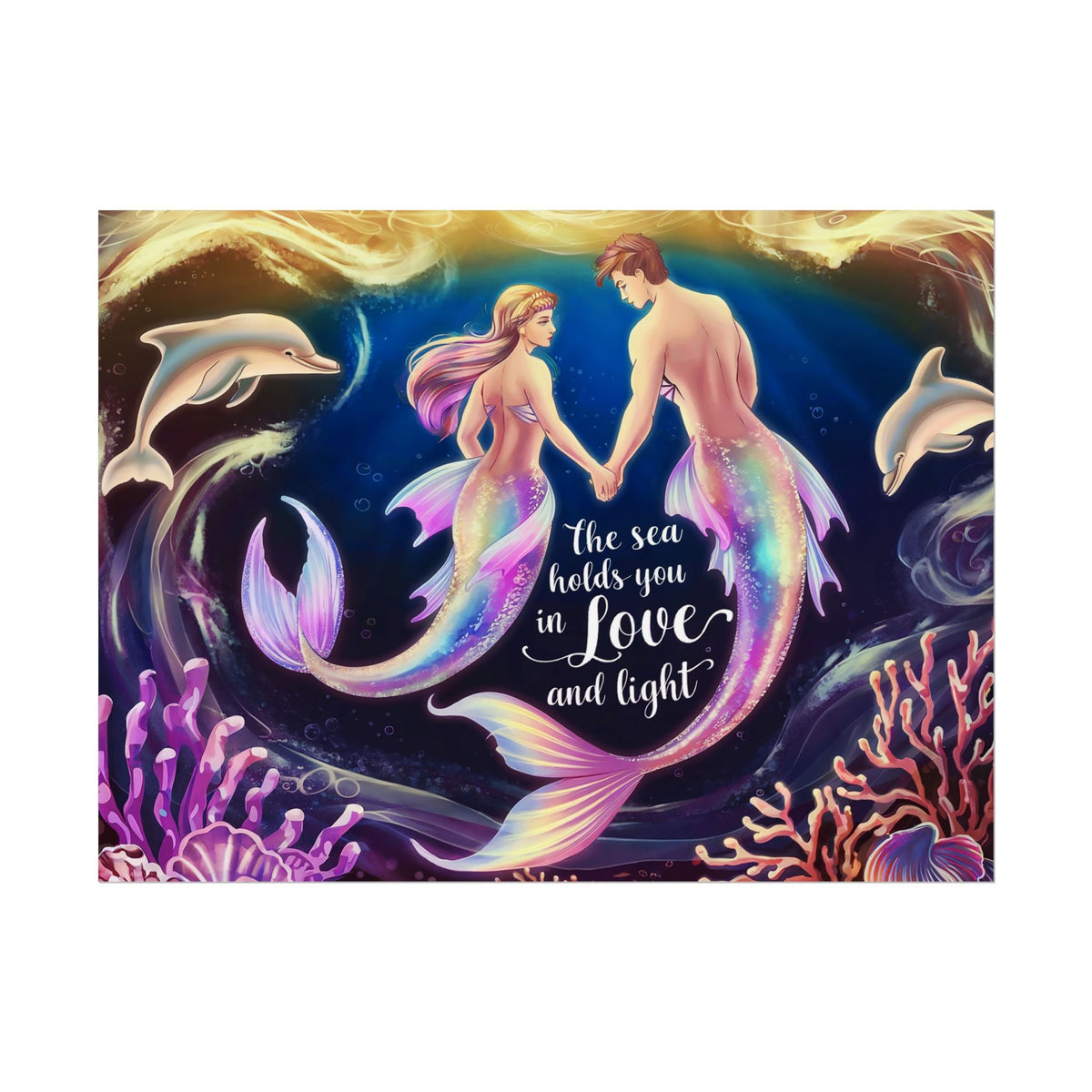Mermaid Lovers Rolled Poster – The Sea Holds You in Love and Light | Giclée Print | Fine Art, Semi Glossy or Matte | 19 Sizes | Mermaid Couple Wall Art