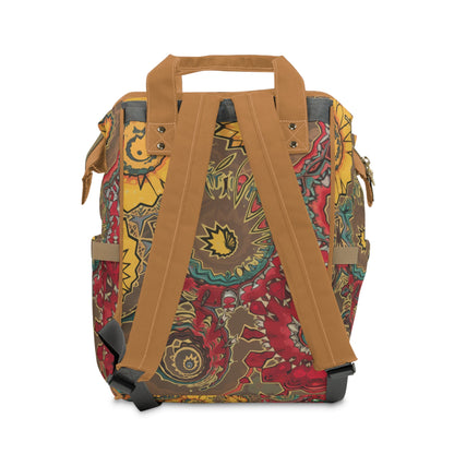 Boho Sunflower & Paisley Diaper Backpack – Warm Earth Tones Psychedelic Print | Cognac Handles | Large Capacity Nappy Bag | Bohemian Baby Shower Gift
