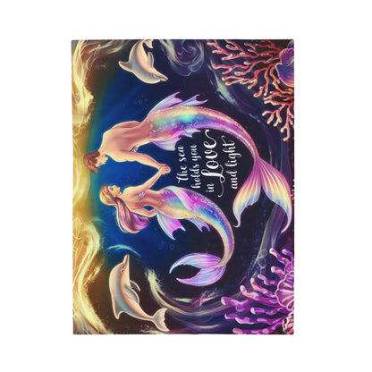 Mermaid Love Velveteen Plush Blanket – Romantic Mermaid Couple with Dolphins ‘The Sea Holds You in Love and Light’ | 3 Sizes | Ocean Fantasy Art Throw