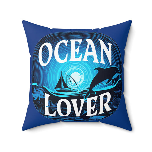 Ocean Lover Throw Pillow – Dolphins, Sailboat & Moonlit Sea Art | Deep Blue Faux Suede | Double-Sided Print | 4 Sizes | Coastal Home Decor Gift