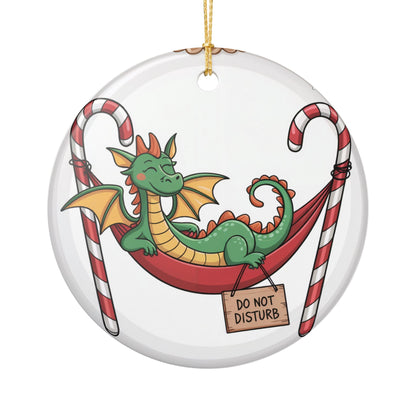 Do Not Disturb Dragon Christmas Ornament - Funny Dragon Napping in Candy Cane Hammock Ceramic Keepsake Gift for Dragon Lovers