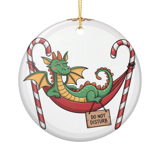Do Not Disturb Dragon Christmas Ornament - Funny Dragon Napping in Candy Cane Hammock Ceramic Keepsake Gift for Dragon Lovers