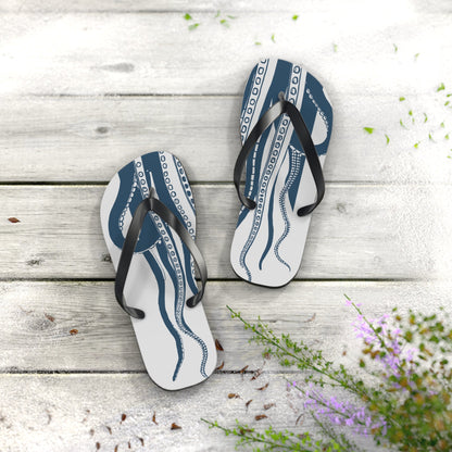 Blue and white octopus print flip-flops with black straps and black sole