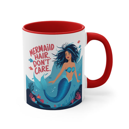 Mermaid Hair Don't Care Accent Mug – Wild Teal Mermaid Underwater Scene | 11oz White Ceramic Blue Green Pink or Red | Ocean Attitude Coffee Gift