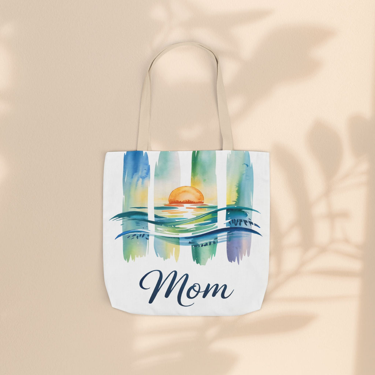 Mom Ocean Sunset Canvas Tote Bag – Watercolour Triptych Design | Polyester Canvas | 3 Sizes × 5 Strap Colours | Gift for Mom