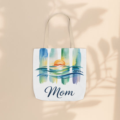 Mom Ocean Sunset Canvas Tote Bag – Watercolour Triptych Design | Polyester Canvas | 3 Sizes × 5 Strap Colours | Gift for Mom