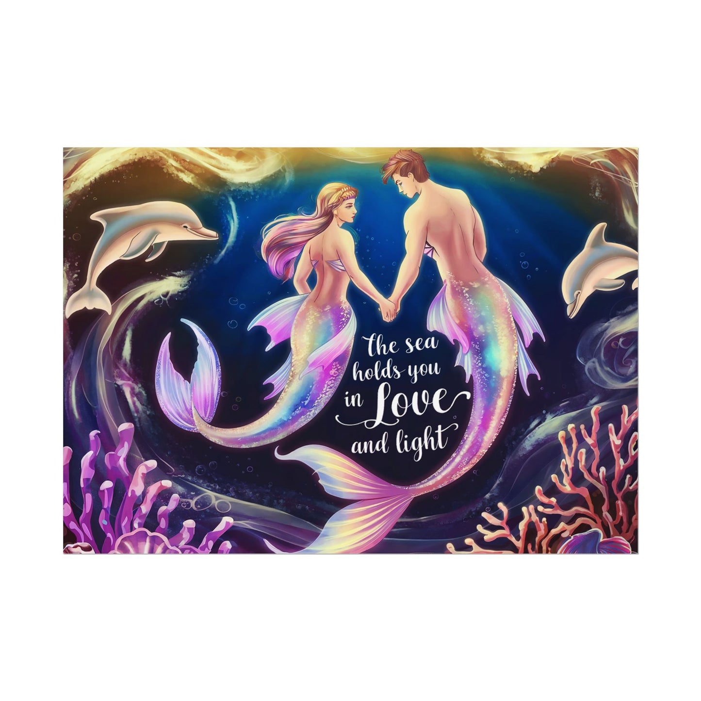 Mermaid Lovers Rolled Poster – The Sea Holds You in Love and Light | Giclée Print | Fine Art, Semi Glossy or Matte | 19 Sizes | Mermaid Couple Wall Art