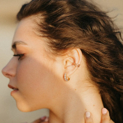 Gold-filled diamond hoop earring worn with a small ear cuff