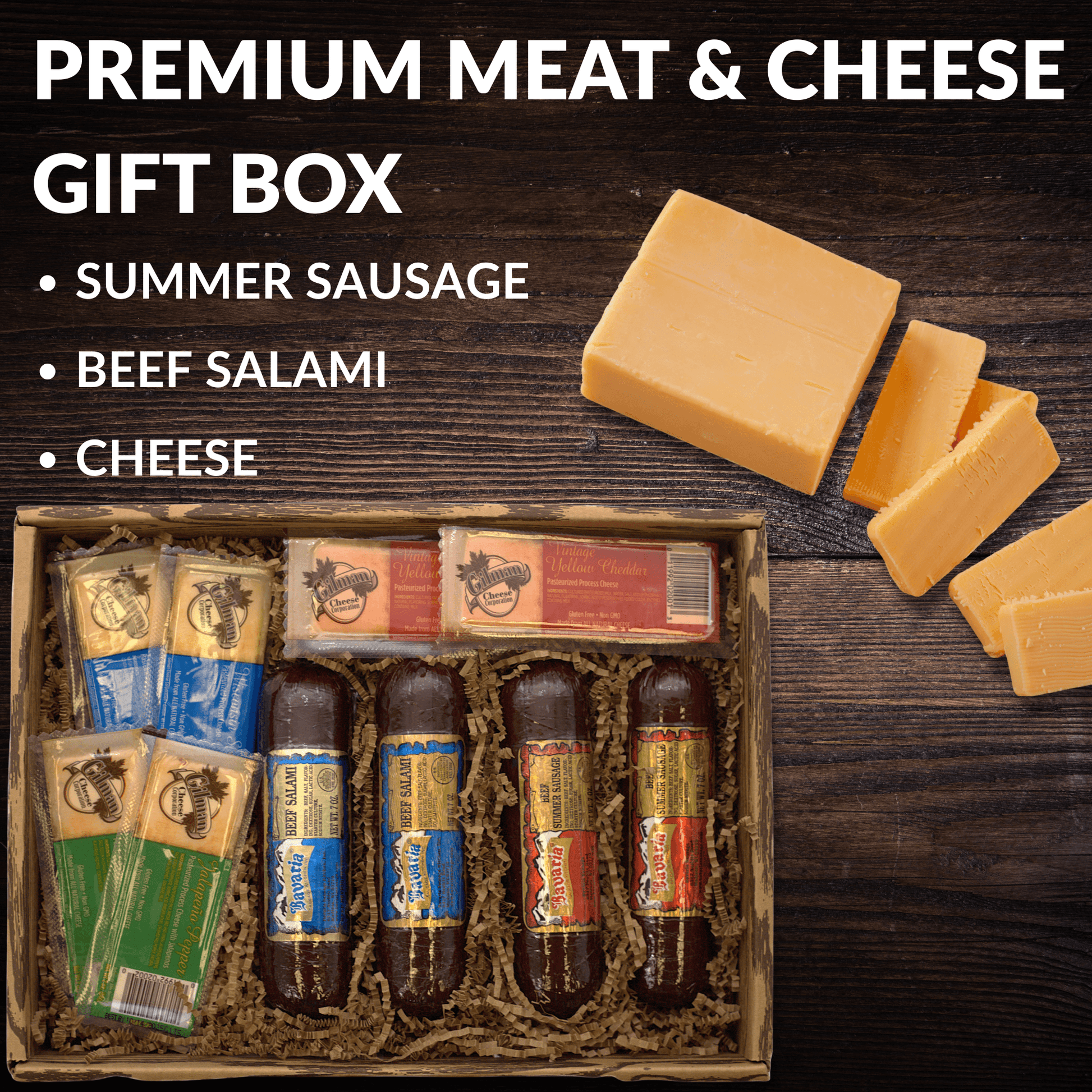 Meat and cheese gift basket with sliced cheese on a board and assorted items in the box