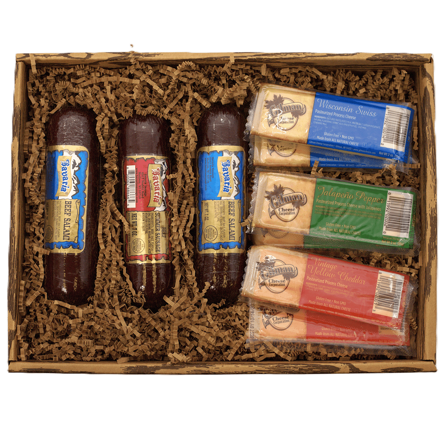 Open meat and cheese gift box with salami and cheese bars in wooden filler