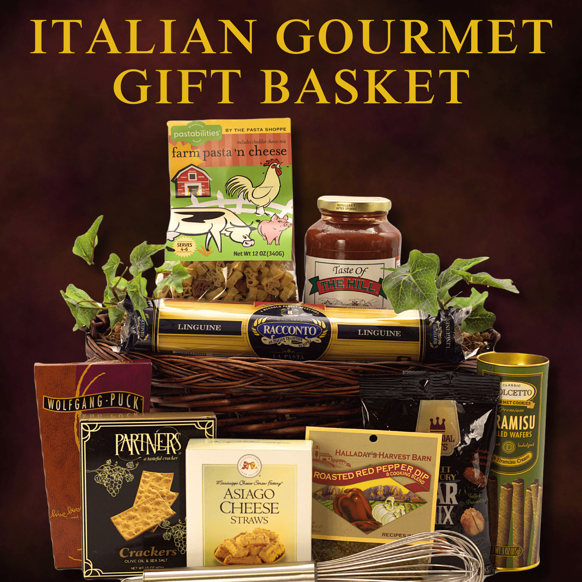 Italian gourmet gift basket with pasta rolls, jarred sauce, crackers, dip, cheese straws, coffee