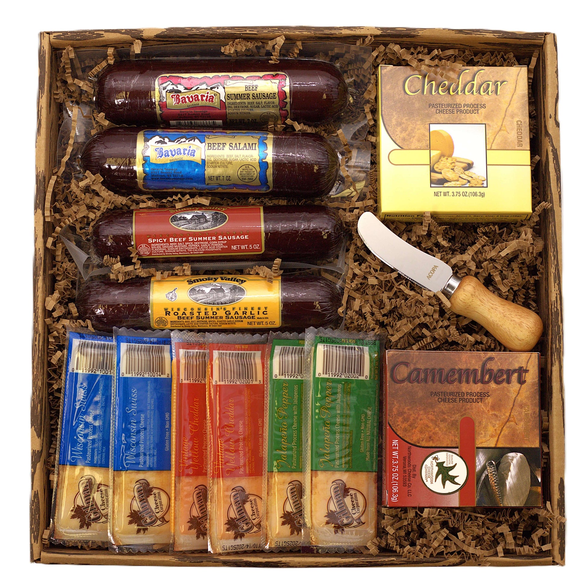 Meat and cheese gift box with sausages, salami, cheddar, and camembert