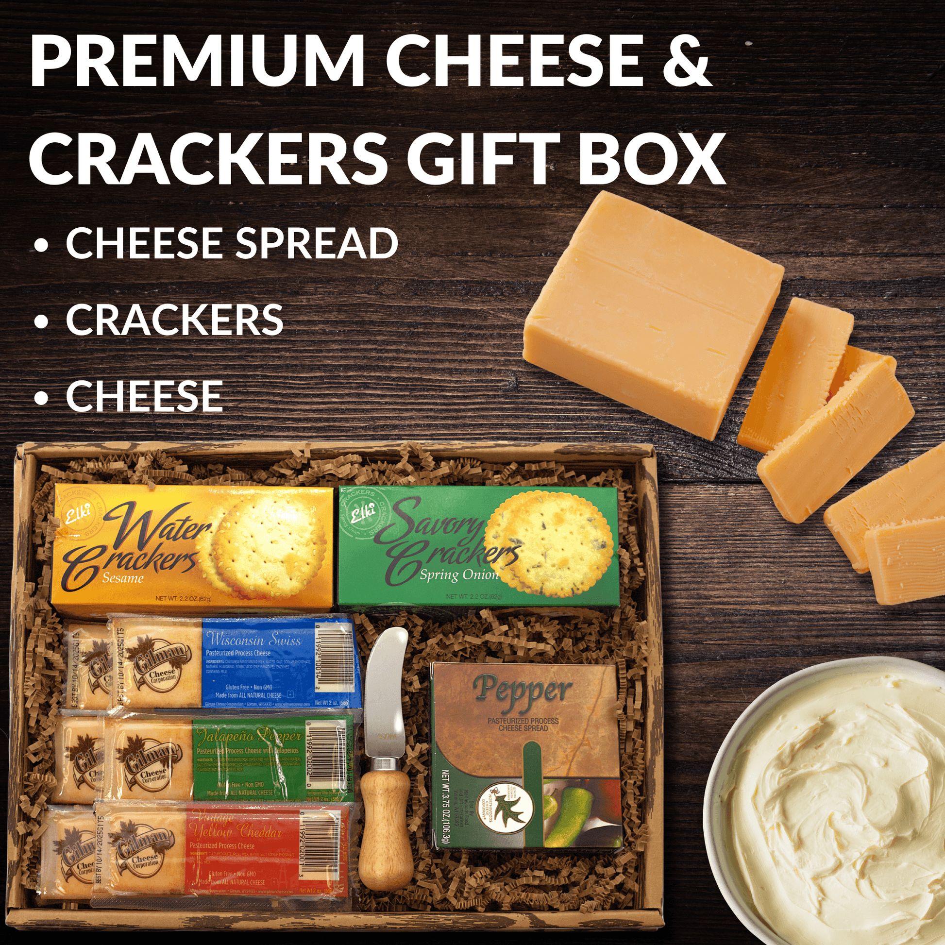 Cheese gift box with crackers and cheese wedges, plus a bowl of creamy cheese spread