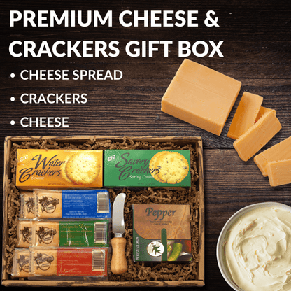 Cheese gift box with crackers and cheese wedges, plus a bowl of creamy cheese spread