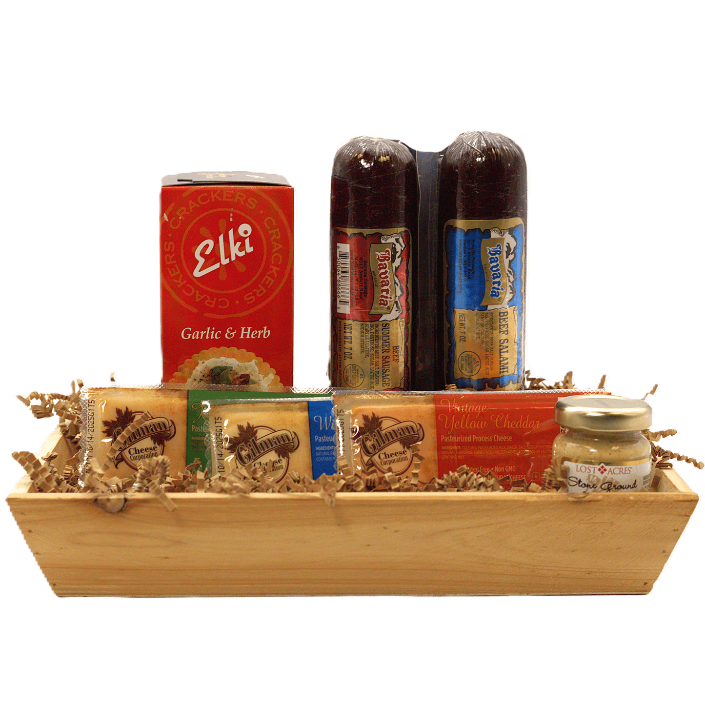 Rustic wooden gift crate with crackers, cheese packages, and salami bottles