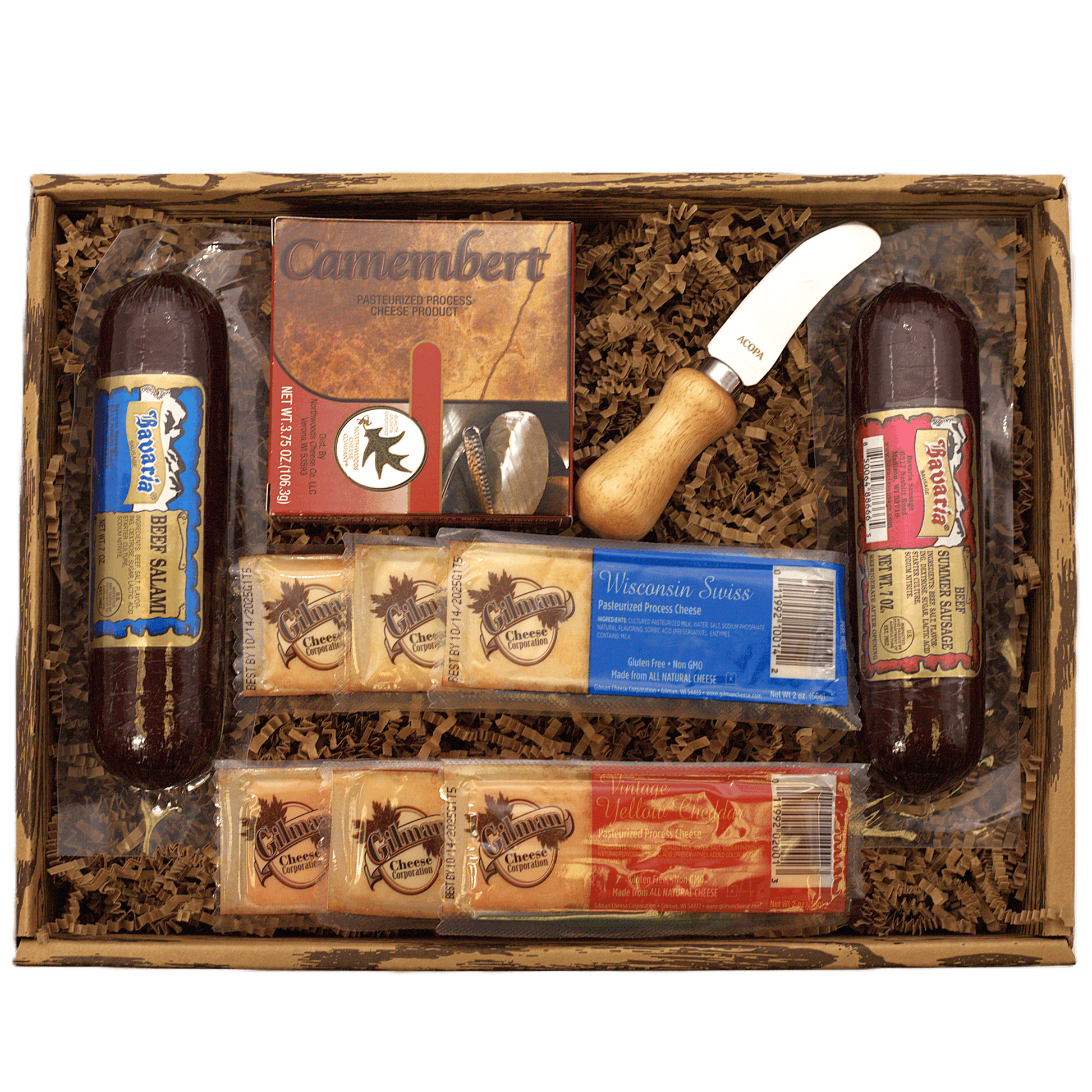 Deluxe meat and cheese gift box with sausages, cheese blocks, and cheese spread
