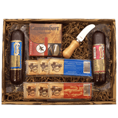 Deluxe meat and cheese gift box with sausages, cheese blocks, and cheese spread
