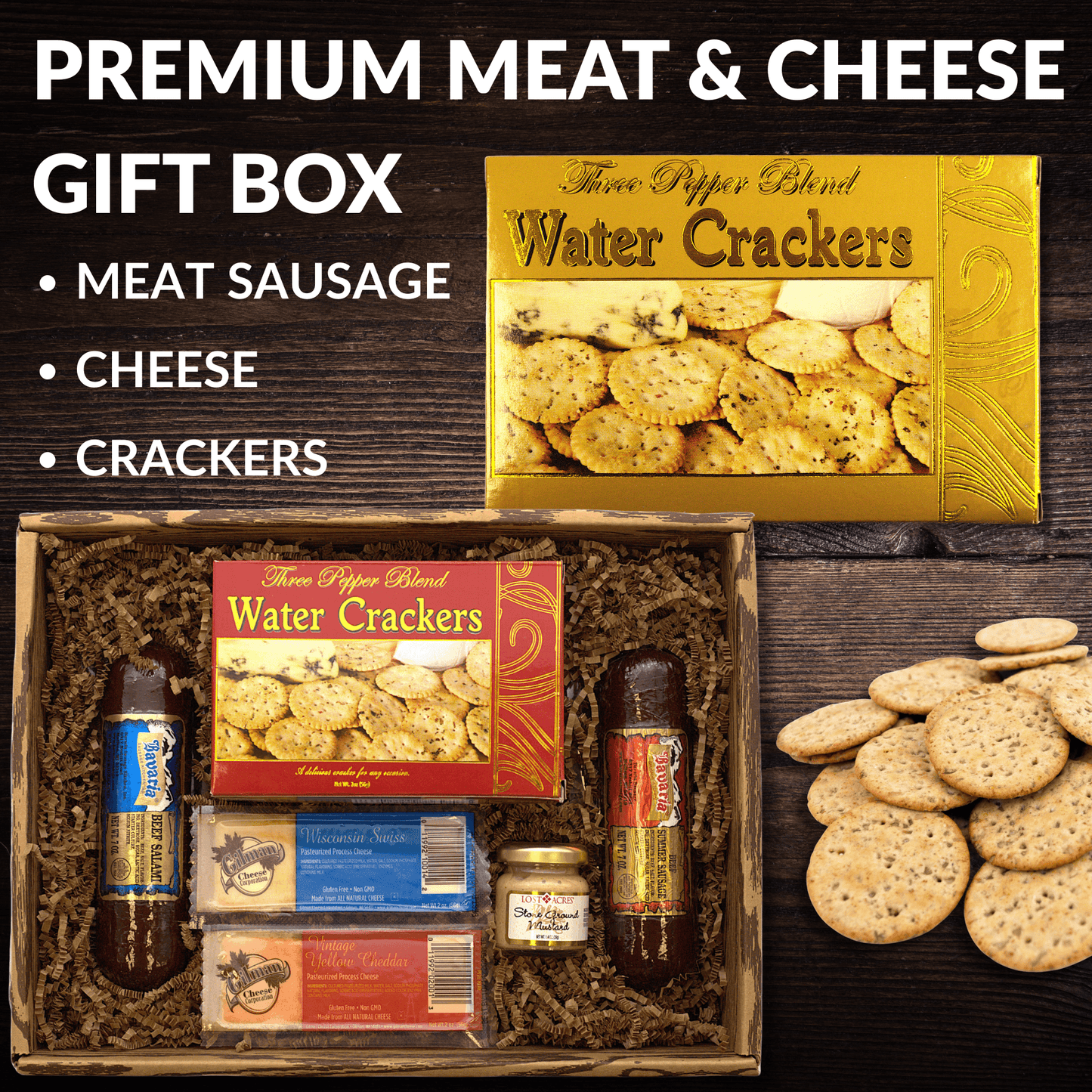 Meat and cheese gift box with water crackers, cheese, and sausage in a crate