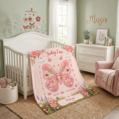 Personalized baby milestone blanket in pink with bunny, butterfly art, and name Maya