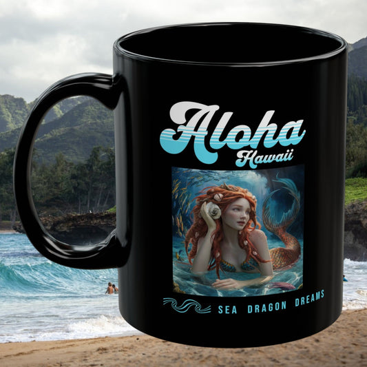 Black ceramic coffee mug with Aloha Hawaii graphic and sea dragon dreams print