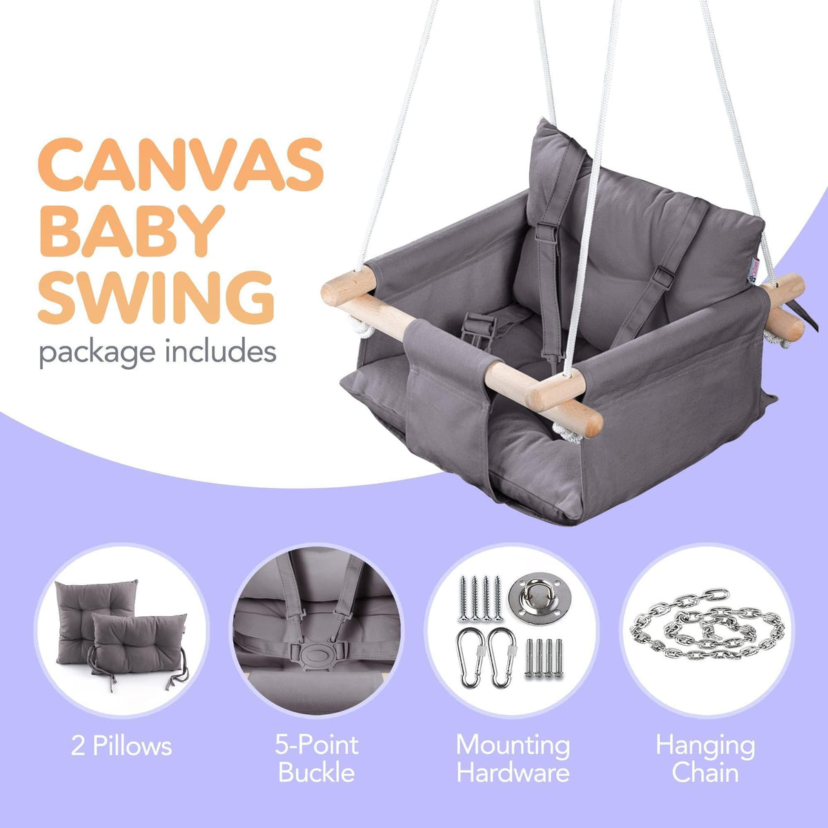 Dark gray canvas baby swing chair with wooden dowels and padded safety strap