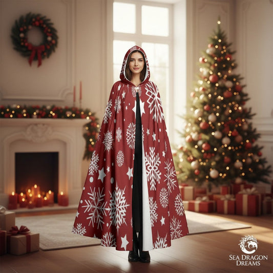 Maroon hooded cloak cape with white snowflake and star pattern, long cape with hood