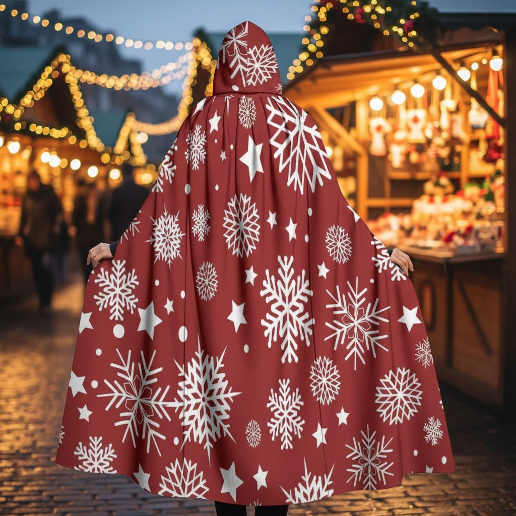 Maroon hooded cape with white snowflake, star, and dot motifs, full back view