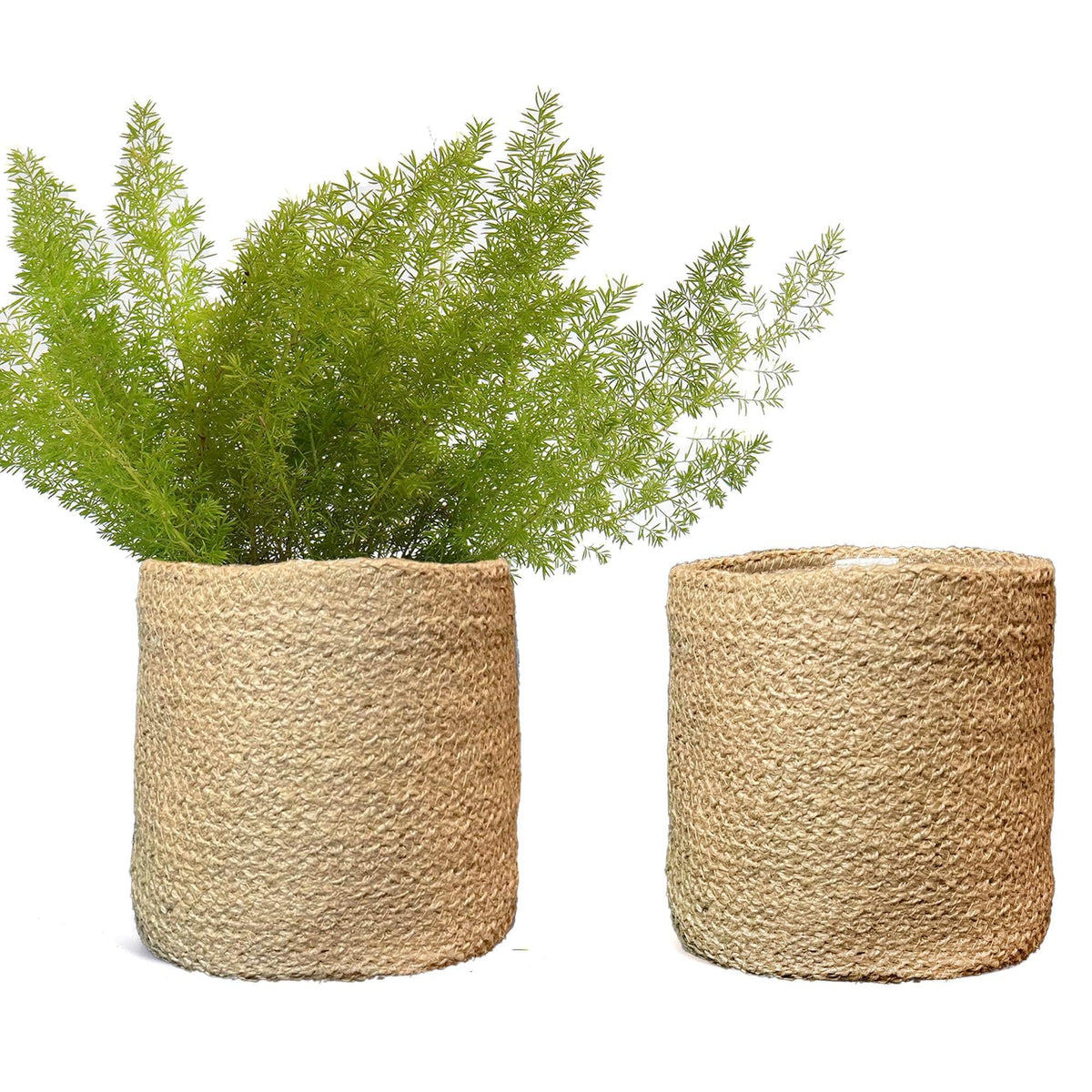 Set of 2 handwoven jute planter baskets, natural tan, round cylinder with textured weave