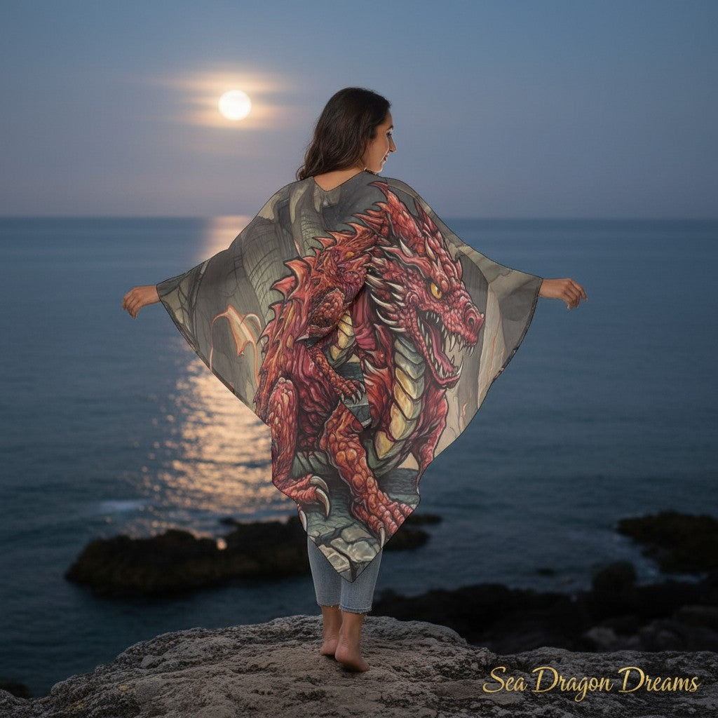 Unisex hooded cape with red dragon graphic and wide draped sleeves