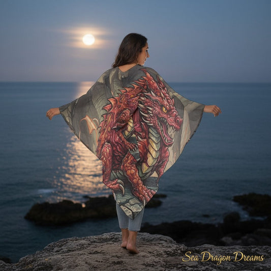 Unisex hooded cape with red dragon graphic and wide draped sleeves