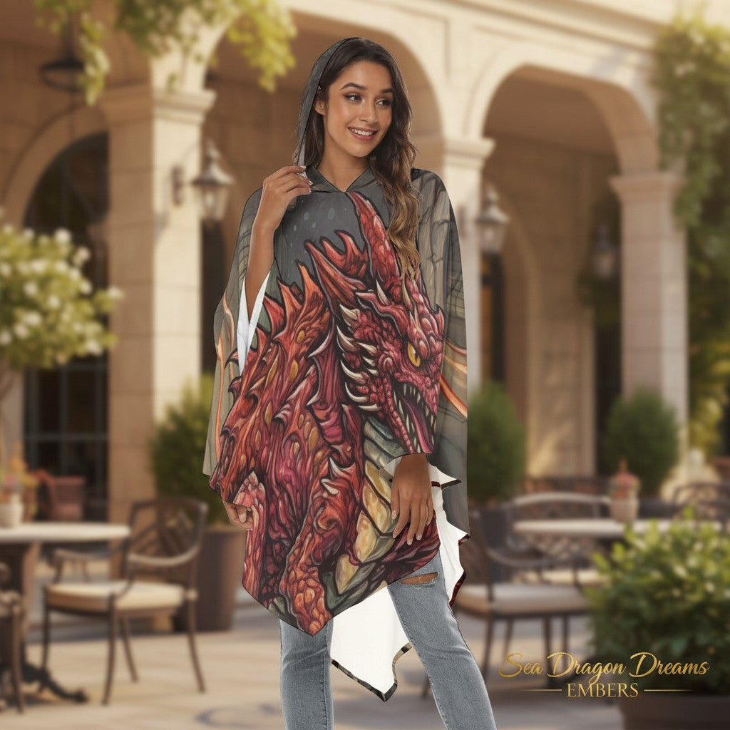 Unisex hooded lightweight cape with dark gray and red dragon graphic print