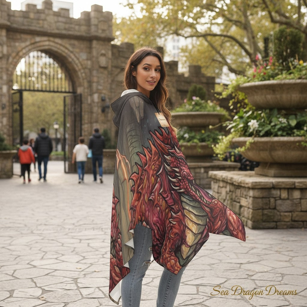 Unisex hooded cape with red dragon graphic, dark gray base, and flowing shape
