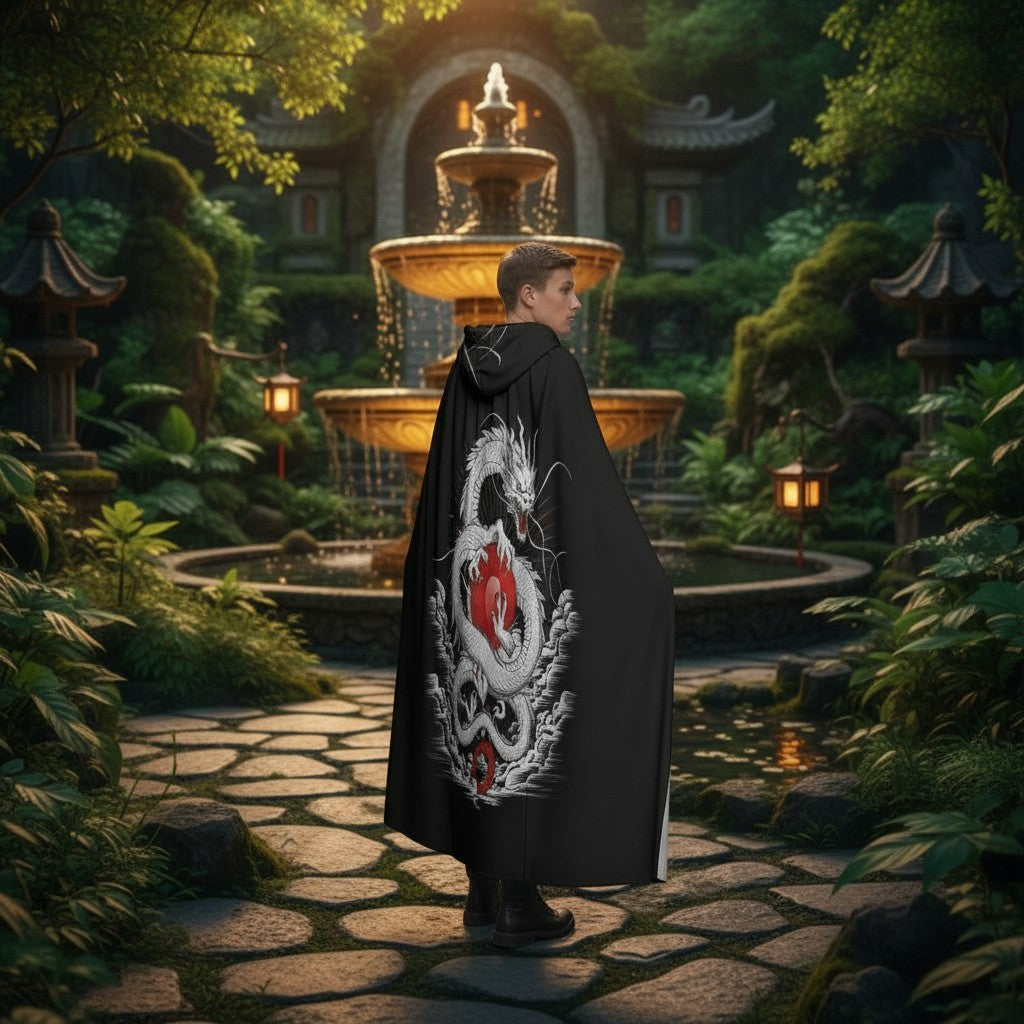 Black hooded cloak with large dragon print, long cape silhouette