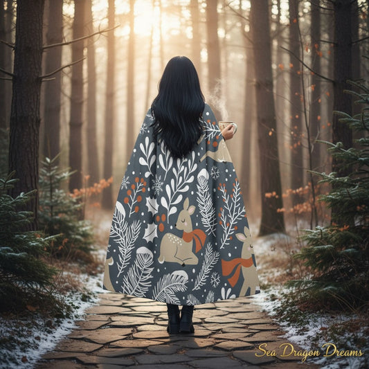 Back view unisex hooded cloak in dark blue with deer and leaf pattern