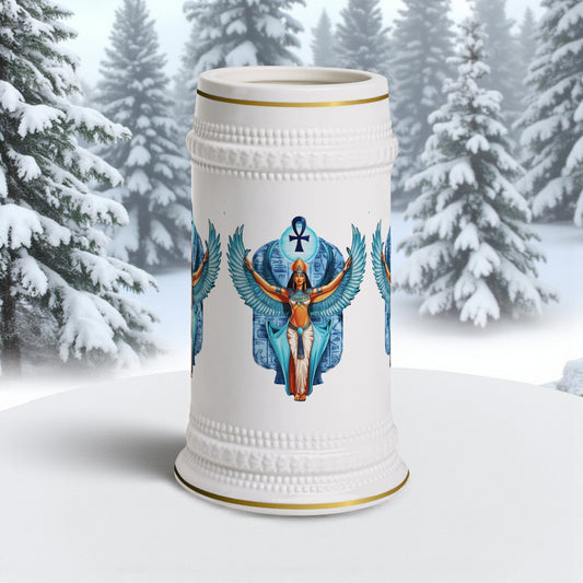 White beer stein mug with blue winged angel graphic and gold rim