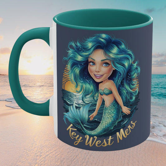 Teal and white accent mug with mermaid girl illustration on front, left curved handle