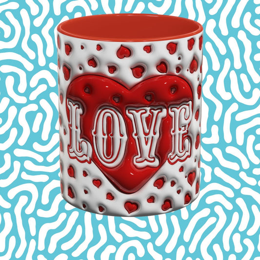 Accent coffee mug with red heart pattern and LOVE lettering, orange-red interior