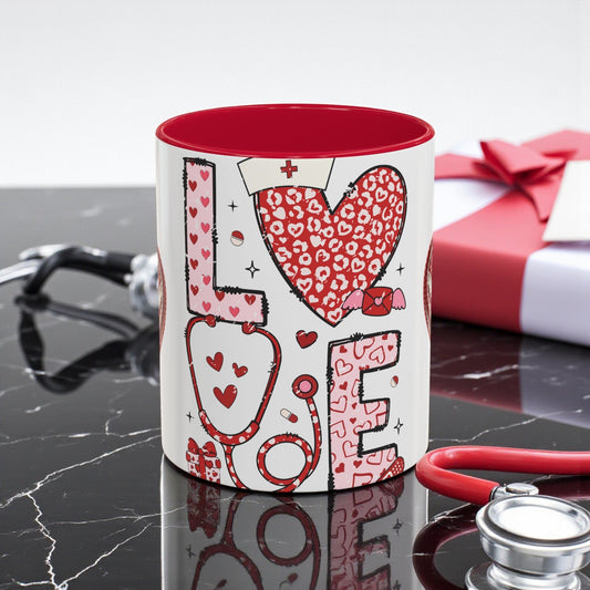 Love Nurses ceramic mug with red interior, white body, and red heart-and-nurse word art.