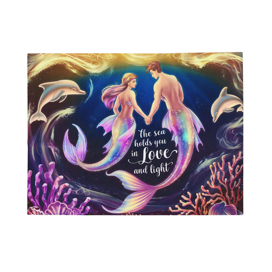 Mermaid Love Velveteen Plush Blanket – Romantic Mermaid Couple with Dolphins ‘The Sea Holds You in Love and Light’ | 3 Sizes | Ocean Fantasy Art Throw