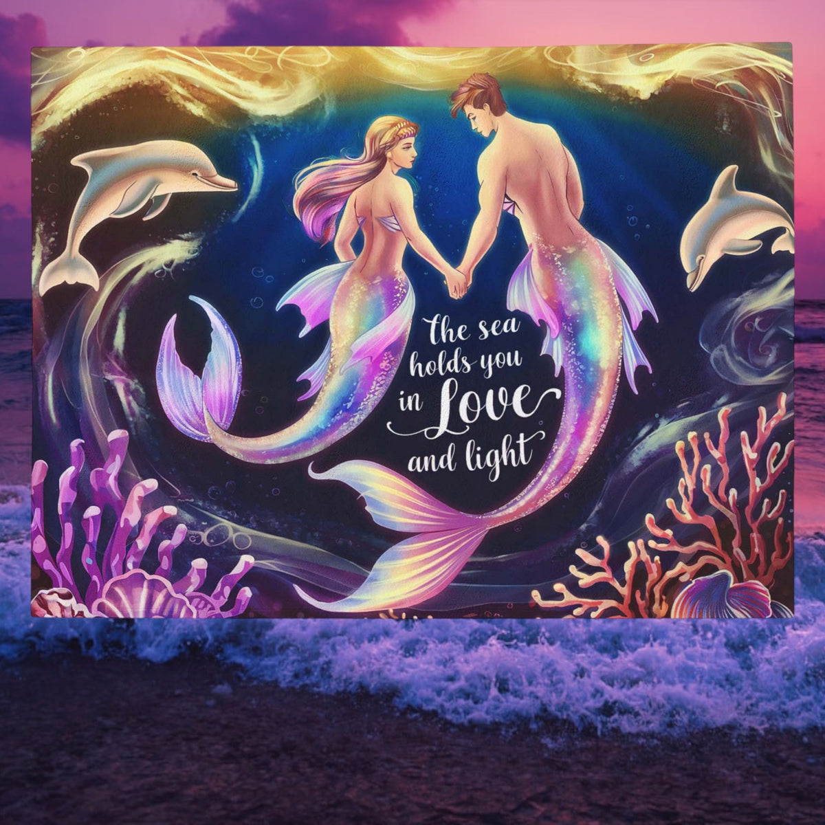 Mermaid Love Velveteen Plush Blanket – Romantic Mermaid Couple with Dolphins ‘The Sea Holds You in Love and Light’ | 3 Sizes | Ocean Fantasy Art Throw