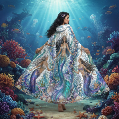 Hooded mermaid artwork cloak with flared back and multicolor sea pattern on white fabric