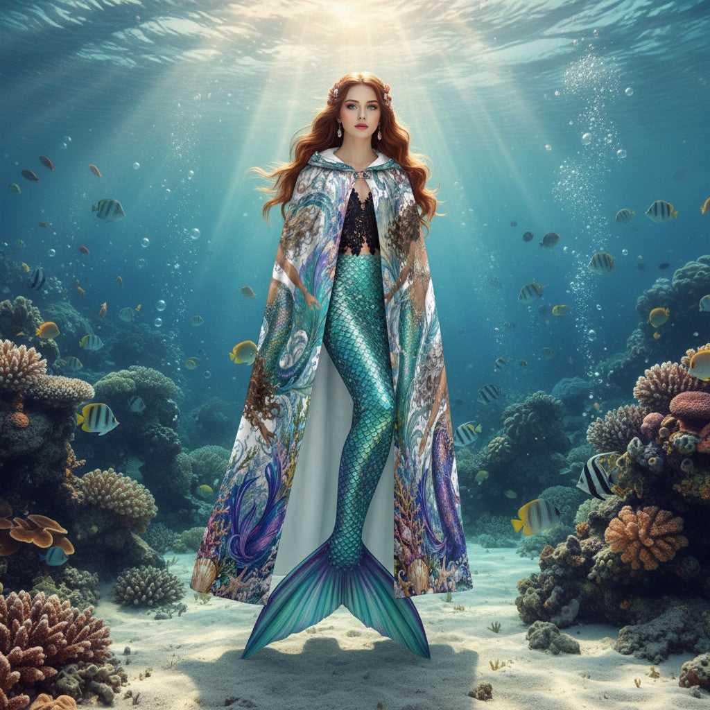 Hooded cloak with colorful ocean mermaid print, long cape silhouette, white-and-teal accents