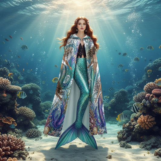 Hooded cloak with colorful ocean mermaid print, long cape silhouette, white-and-teal accents