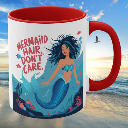 Mermaid Hair Don't Care Accent Mug – Wild Teal Mermaid Underwater Scene | 11oz White Ceramic Blue Green Pink or Red | Ocean Attitude Coffee Gift