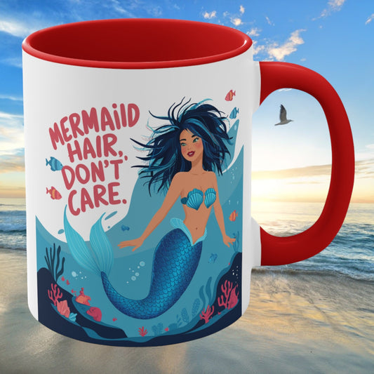 Mermaid Hair Don't Care Accent Mug – Wild Teal Mermaid Underwater Scene | 11oz White Ceramic Blue Green Pink or Red | Ocean Attitude Coffee Gift