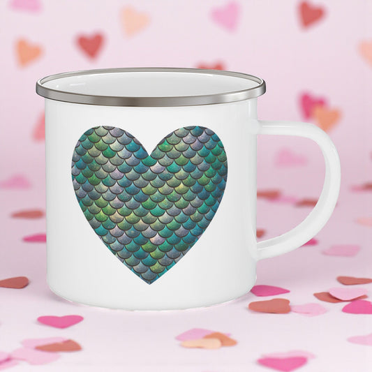 White enamel camping mug with teal mermaid heart scale pattern and side handle