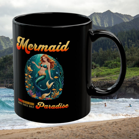 Mermaid Paradise Black Mug – Retro Tropical Ocean Design ‘Good Vibes Only’ | 11oz or 15oz Ceramic | Microwave & Dishwasher Safe | Mermaid Coffee Cup Gift
