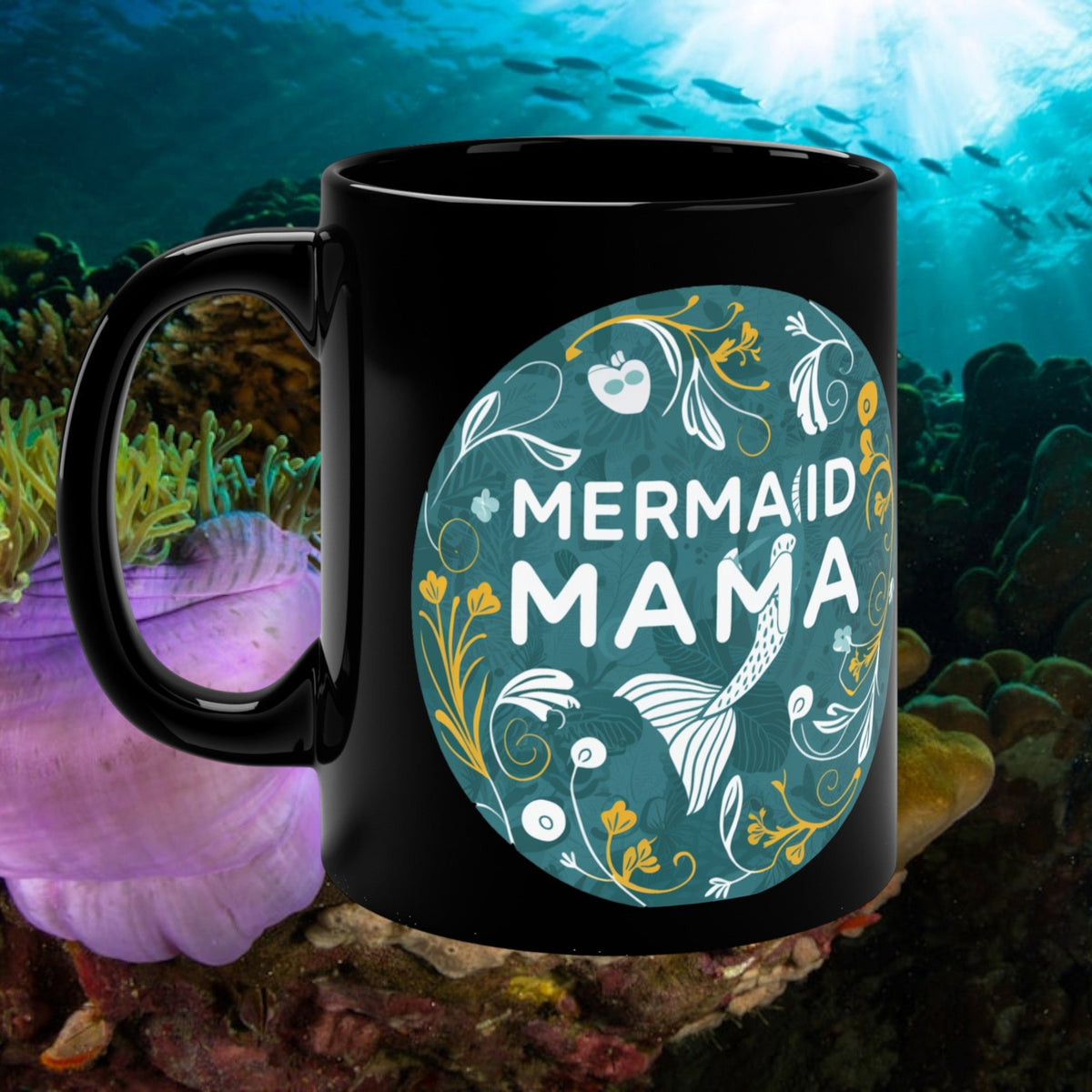 Mermaid Mama Black Coffee Mug – Teal Botanical Badge Design | 11oz | Bold Mermaid Mom Gift
