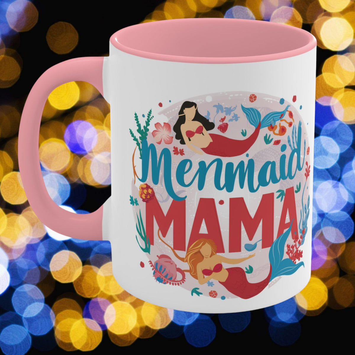 Mermaid Mama Mug – Mother & Daughter Mermaid Illustration | 11oz White Ceramic with Coloured Interior | Pink, Red or Black | Ocean Mum Coffee Tea Gift